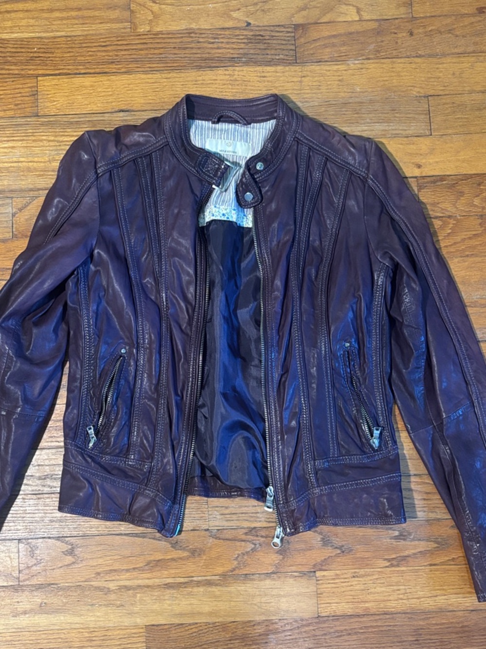 Women’s Plum Leather Moto Jacket with Stand Collar